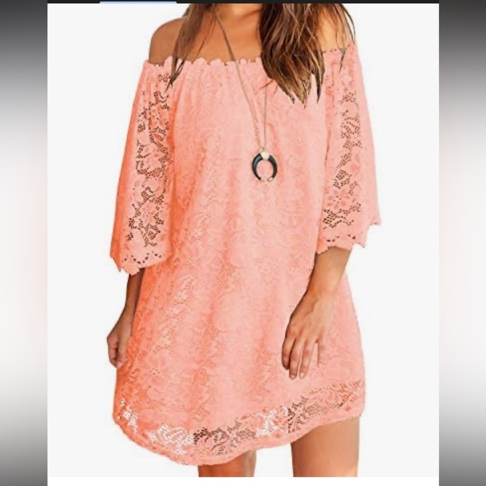 Elegant Off-Shoulder Lace Midi Dress - Pink